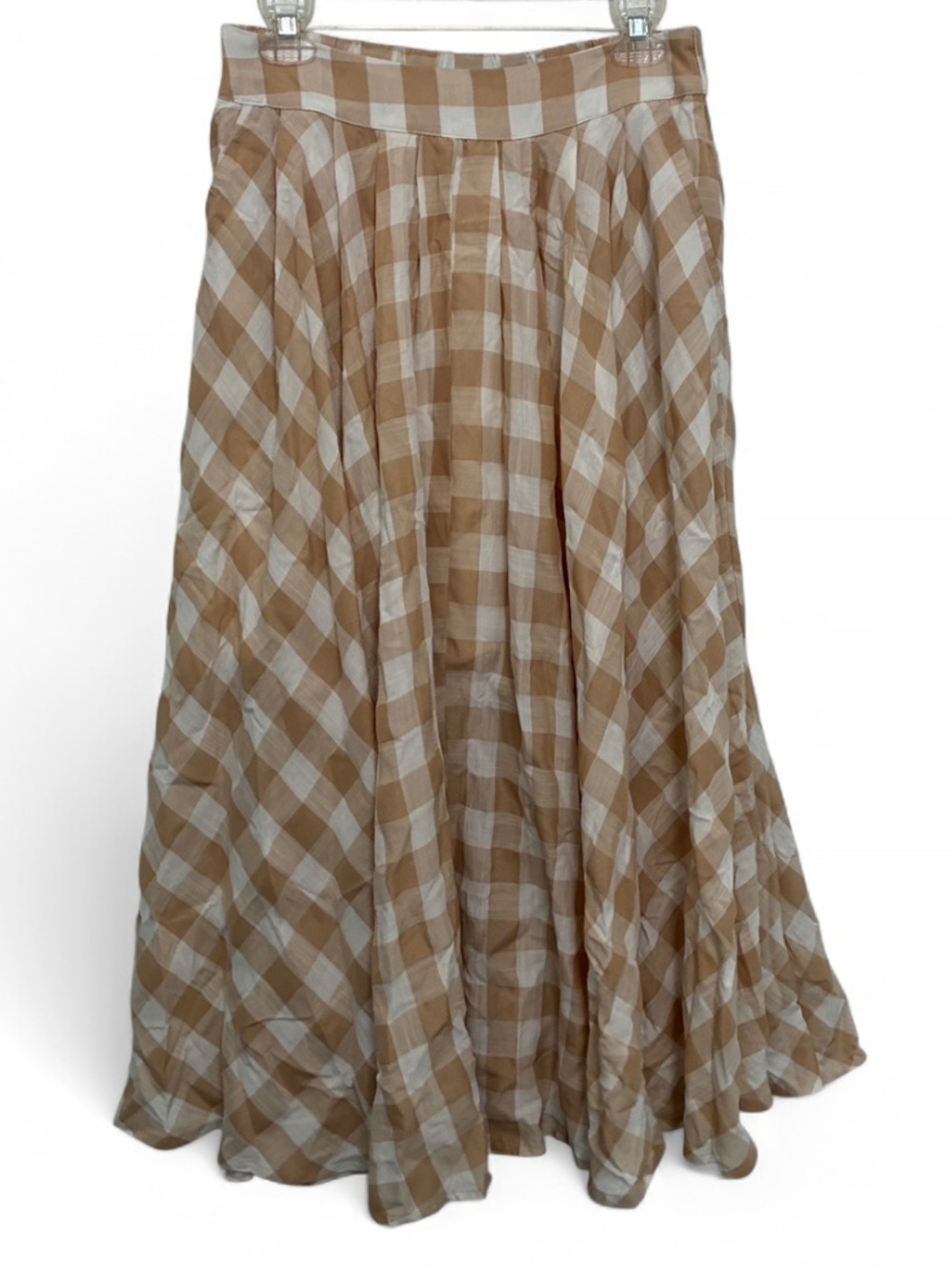 Mable Tan and White Gingham Maxi Skirt - Women's Flowy Check Skirt